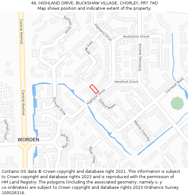 48, HIGHLAND DRIVE, BUCKSHAW VILLAGE, CHORLEY, PR7 7AD: Location map and indicative extent of plot