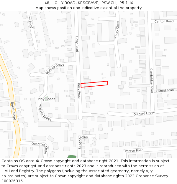 48, HOLLY ROAD, KESGRAVE, IPSWICH, IP5 1HX: Location map and indicative extent of plot