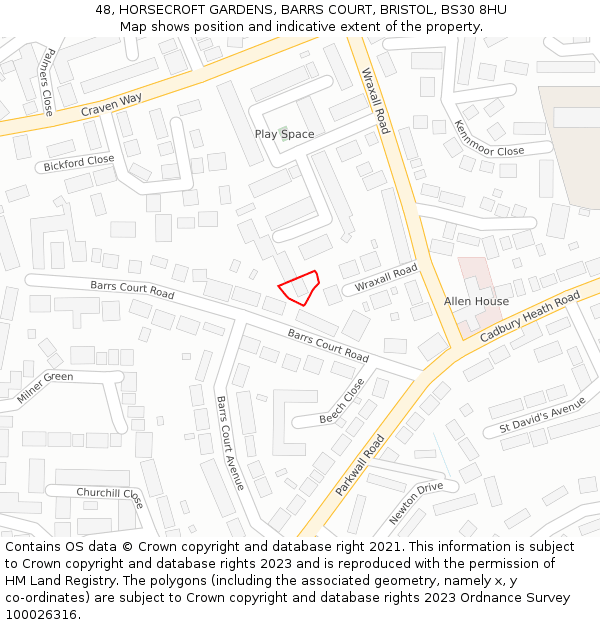 48, HORSECROFT GARDENS, BARRS COURT, BRISTOL, BS30 8HU: Location map and indicative extent of plot