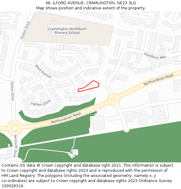 48, ILFORD AVENUE, CRAMLINGTON, NE23 3LG: Location map and indicative extent of plot