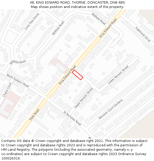 48, KING EDWARD ROAD, THORNE, DONCASTER, DN8 4BS: Location map and indicative extent of plot