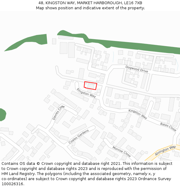48, KINGSTON WAY, MARKET HARBOROUGH, LE16 7XB: Location map and indicative extent of plot