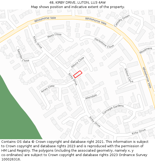 48, KIRBY DRIVE, LUTON, LU3 4AW: Location map and indicative extent of plot