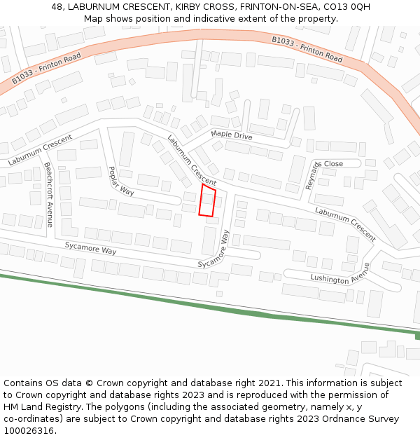 48, LABURNUM CRESCENT, KIRBY CROSS, FRINTON-ON-SEA, CO13 0QH: Location map and indicative extent of plot