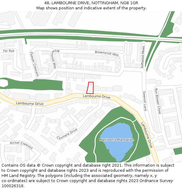 48, LAMBOURNE DRIVE, NOTTINGHAM, NG8 1GR: Location map and indicative extent of plot