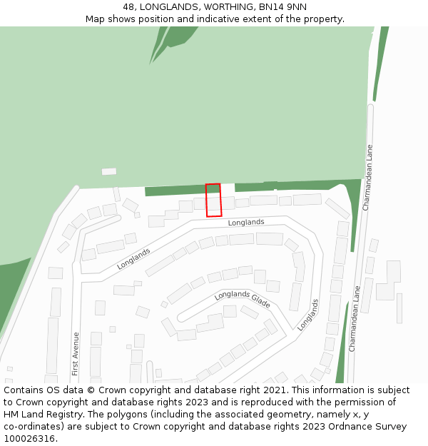 48, LONGLANDS, WORTHING, BN14 9NN: Location map and indicative extent of plot