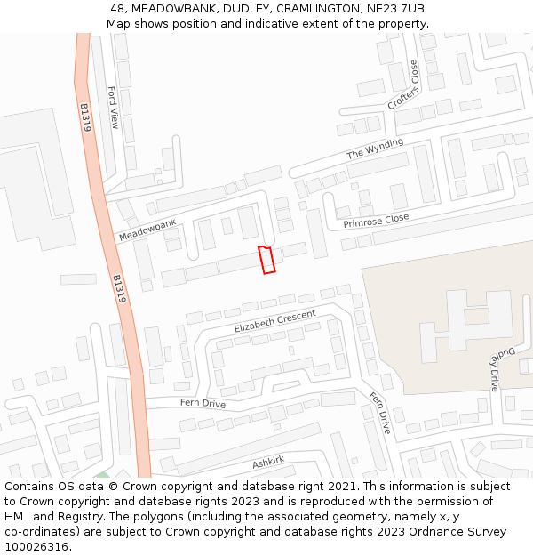 48, MEADOWBANK, DUDLEY, CRAMLINGTON, NE23 7UB: Location map and indicative extent of plot