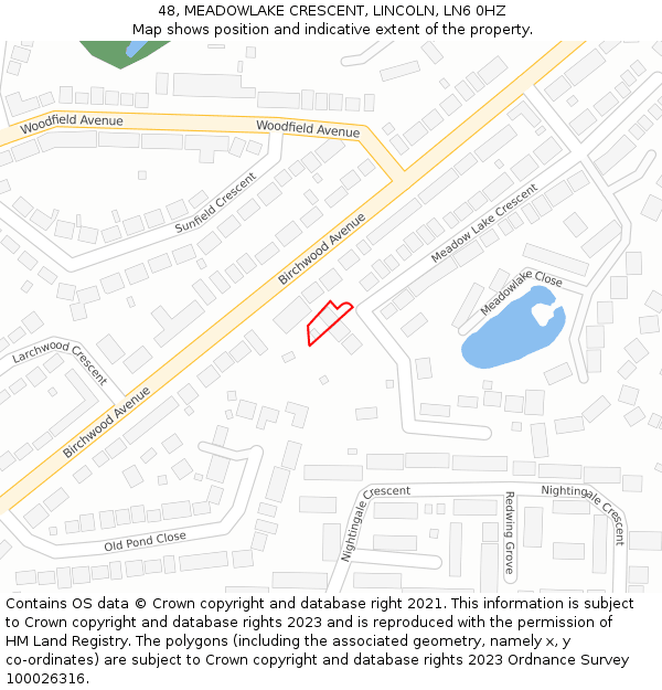 48, MEADOWLAKE CRESCENT, LINCOLN, LN6 0HZ: Location map and indicative extent of plot
