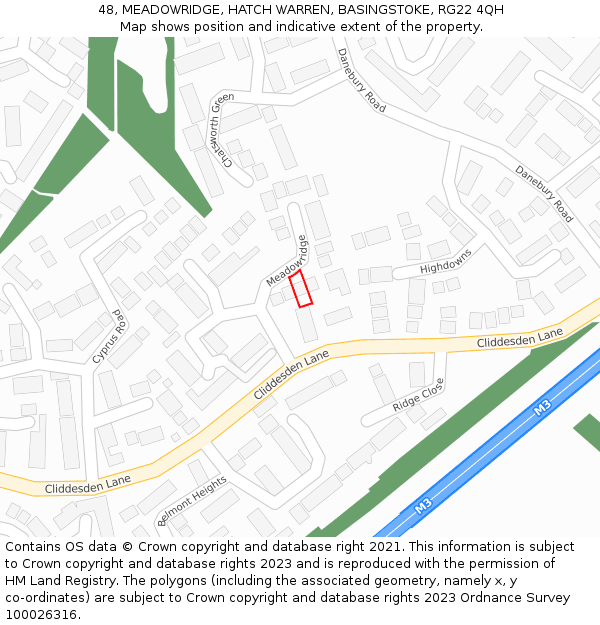 48, MEADOWRIDGE, HATCH WARREN, BASINGSTOKE, RG22 4QH: Location map and indicative extent of plot