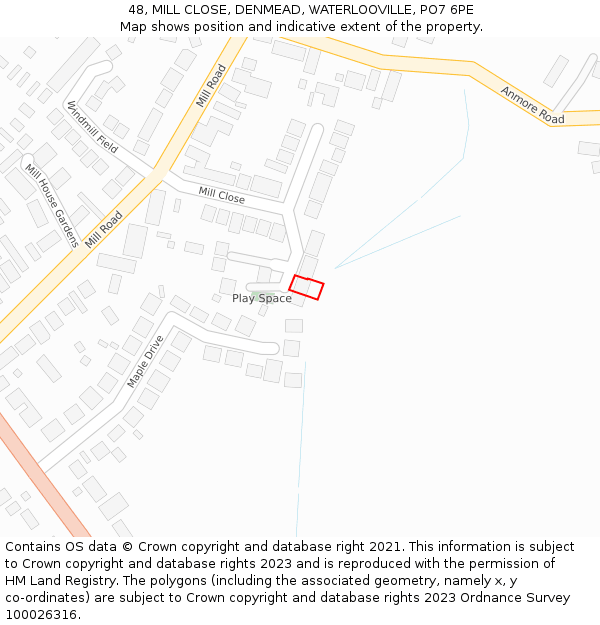 48, MILL CLOSE, DENMEAD, WATERLOOVILLE, PO7 6PE: Location map and indicative extent of plot