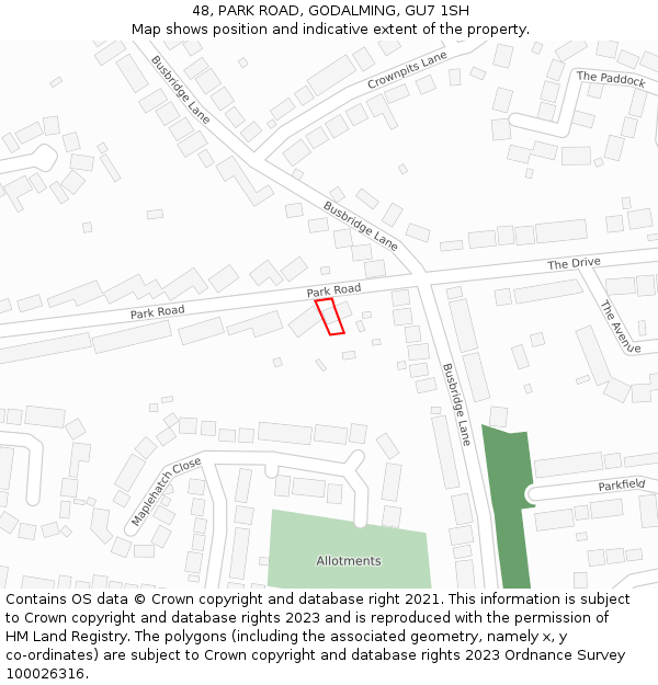 48, PARK ROAD, GODALMING, GU7 1SH: Location map and indicative extent of plot