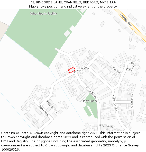 48, PINCORDS LANE, CRANFIELD, BEDFORD, MK43 1AA: Location map and indicative extent of plot