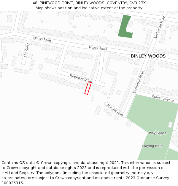 48, PINEWOOD DRIVE, BINLEY WOODS, COVENTRY, CV3 2BX: Location map and indicative extent of plot