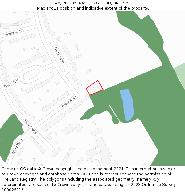 48, PRIORY ROAD, ROMFORD, RM3 9AT: Location map and indicative extent of plot