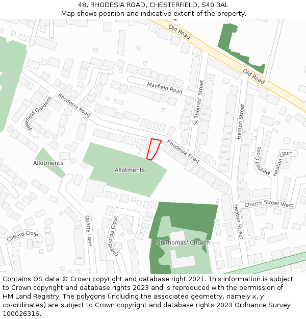 48, RHODESIA ROAD, CHESTERFIELD, S40 3AL: Location map and indicative extent of plot