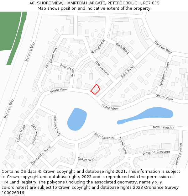 48, SHORE VIEW, HAMPTON HARGATE, PETERBOROUGH, PE7 8FS: Location map and indicative extent of plot