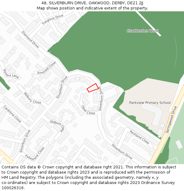 48, SILVERBURN DRIVE, OAKWOOD, DERBY, DE21 2JJ: Location map and indicative extent of plot