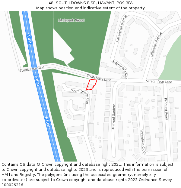 48, SOUTH DOWNS RISE, HAVANT, PO9 3FA: Location map and indicative extent of plot