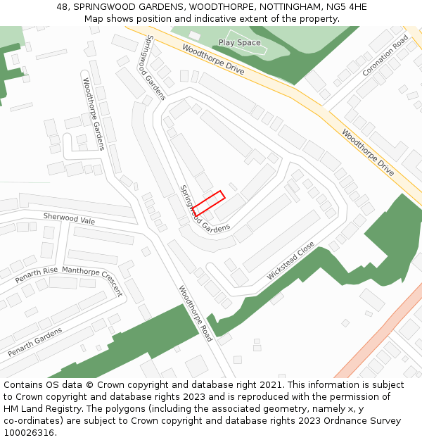 48, SPRINGWOOD GARDENS, WOODTHORPE, NOTTINGHAM, NG5 4HE: Location map and indicative extent of plot