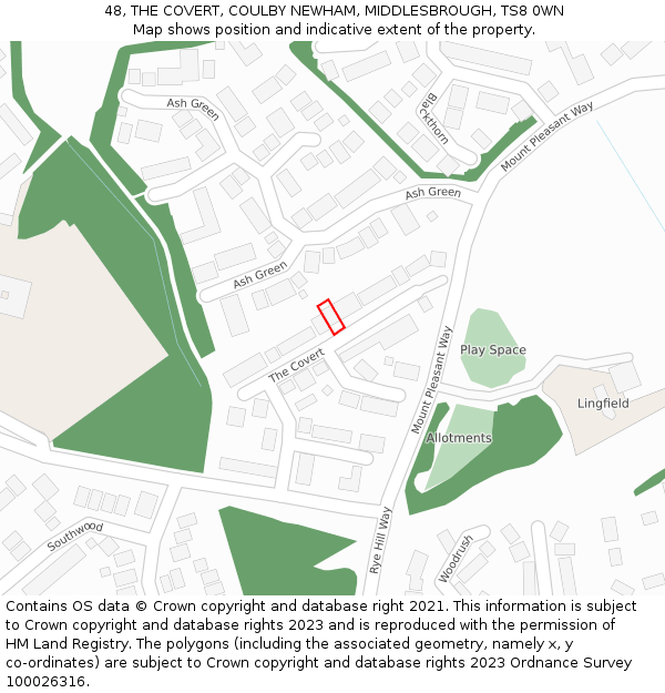 48, THE COVERT, COULBY NEWHAM, MIDDLESBROUGH, TS8 0WN: Location map and indicative extent of plot