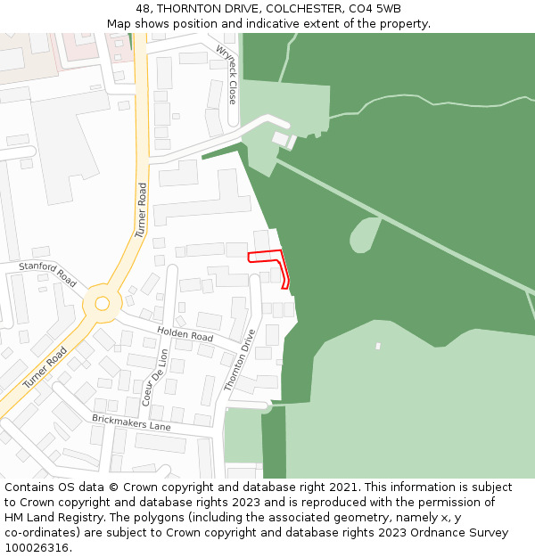 48, THORNTON DRIVE, COLCHESTER, CO4 5WB: Location map and indicative extent of plot