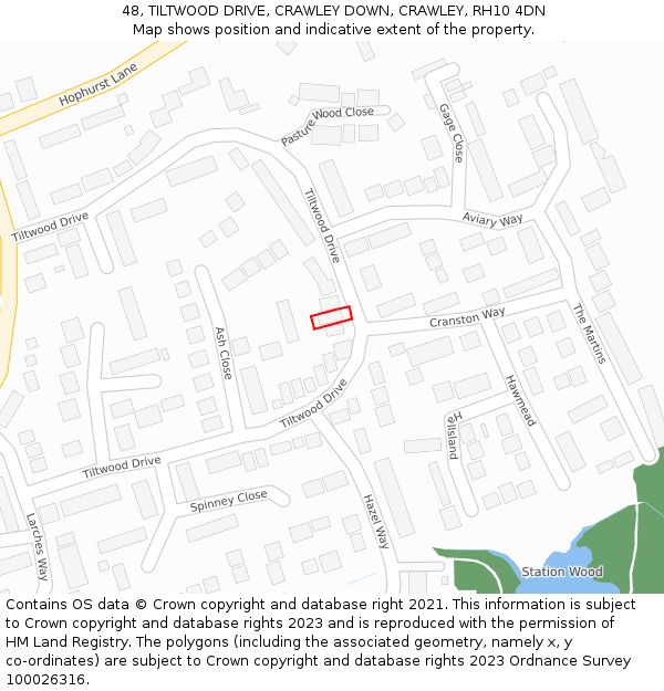 48, TILTWOOD DRIVE, CRAWLEY DOWN, CRAWLEY, RH10 4DN: Location map and indicative extent of plot