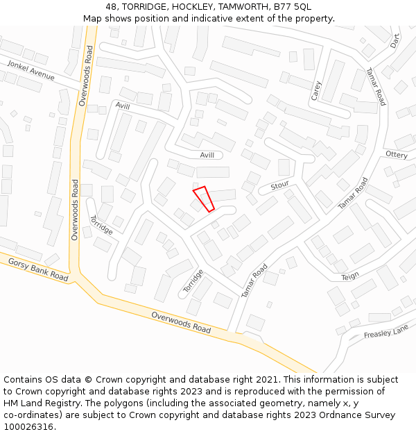 48, TORRIDGE, HOCKLEY, TAMWORTH, B77 5QL: Location map and indicative extent of plot