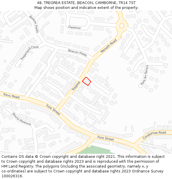 48, TREGREA ESTATE, BEACON, CAMBORNE, TR14 7ST: Location map and indicative extent of plot
