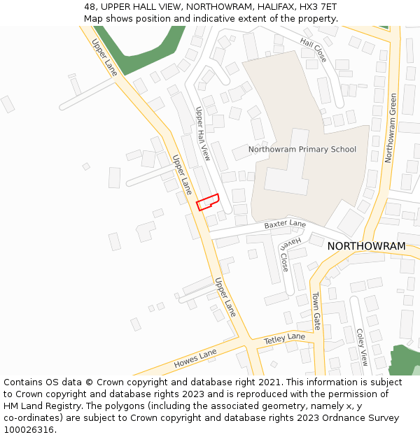 48, UPPER HALL VIEW, NORTHOWRAM, HALIFAX, HX3 7ET: Location map and indicative extent of plot