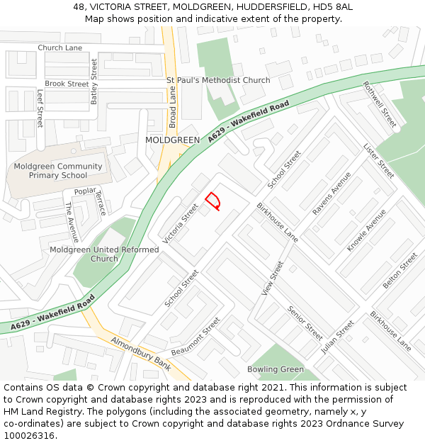 48, VICTORIA STREET, MOLDGREEN, HUDDERSFIELD, HD5 8AL: Location map and indicative extent of plot
