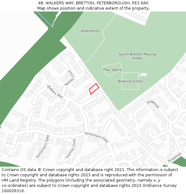 48, WALKERS WAY, BRETTON, PETERBOROUGH, PE3 9AX: Location map and indicative extent of plot