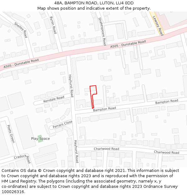 48A, BAMPTON ROAD, LUTON, LU4 0DD: Location map and indicative extent of plot