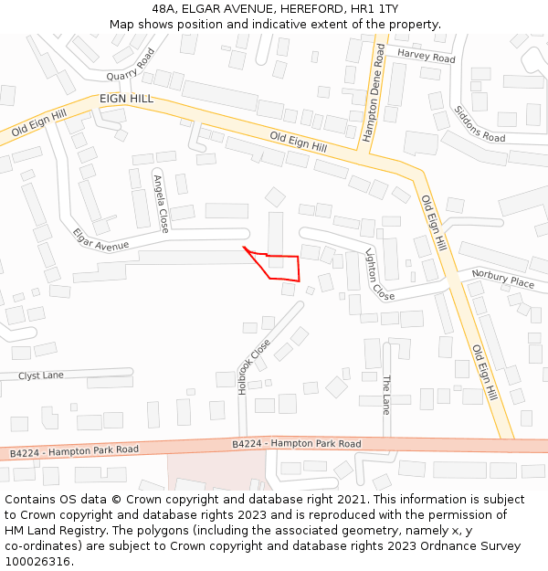 48A, ELGAR AVENUE, HEREFORD, HR1 1TY: Location map and indicative extent of plot