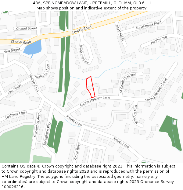 48A, SPRINGMEADOW LANE, UPPERMILL, OLDHAM, OL3 6HH: Location map and indicative extent of plot