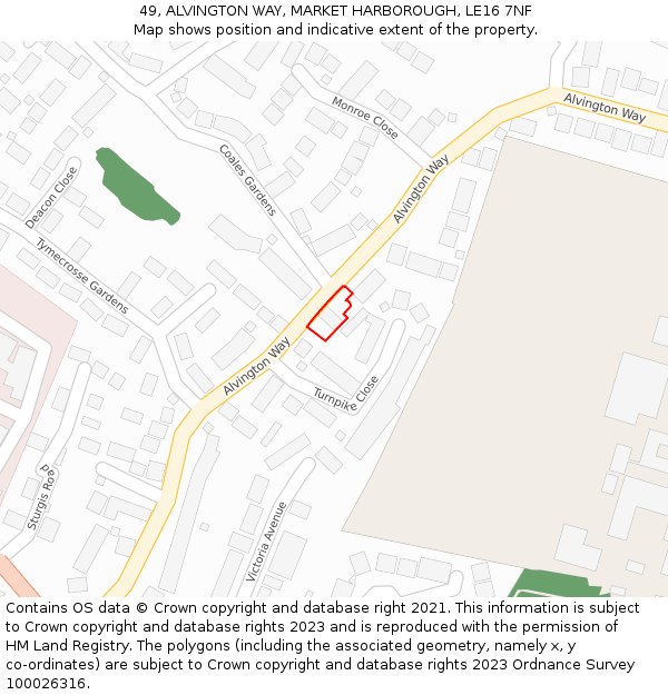 49, ALVINGTON WAY, MARKET HARBOROUGH, LE16 7NF: Location map and indicative extent of plot