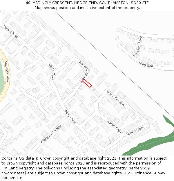 49, ARDINGLY CRESCENT, HEDGE END, SOUTHAMPTON, SO30 2TE: Location map and indicative extent of plot