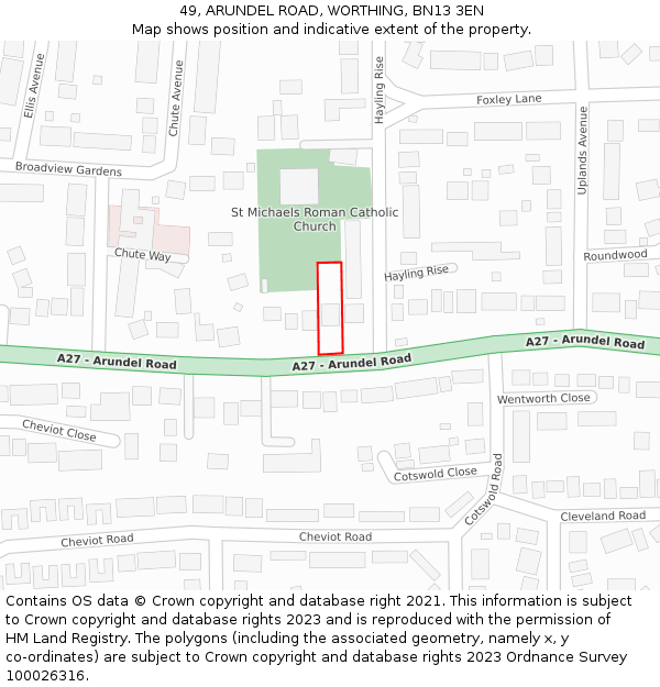 49, ARUNDEL ROAD, WORTHING, BN13 3EN: Location map and indicative extent of plot