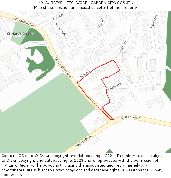 49, AUBREYS, LETCHWORTH GARDEN CITY, SG6 3TU: Location map and indicative extent of plot