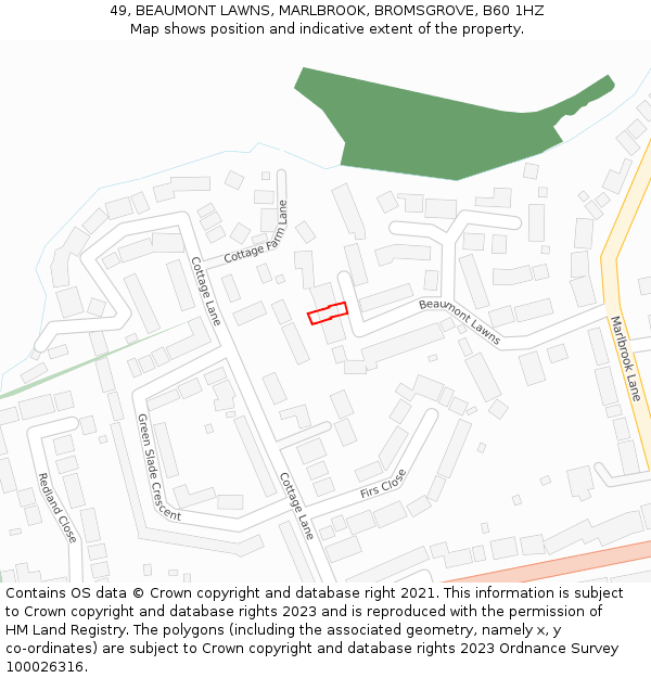 49, BEAUMONT LAWNS, MARLBROOK, BROMSGROVE, B60 1HZ: Location map and indicative extent of plot