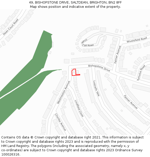 49, BISHOPSTONE DRIVE, SALTDEAN, BRIGHTON, BN2 8FF: Location map and indicative extent of plot