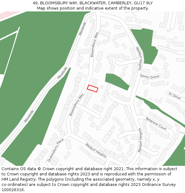 49, BLOOMSBURY WAY, BLACKWATER, CAMBERLEY, GU17 9LY: Location map and indicative extent of plot