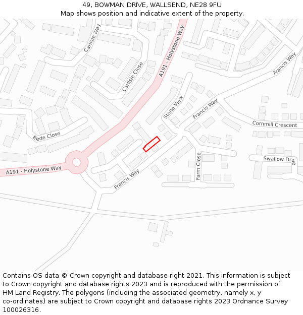 49, BOWMAN DRIVE, WALLSEND, NE28 9FU: Location map and indicative extent of plot