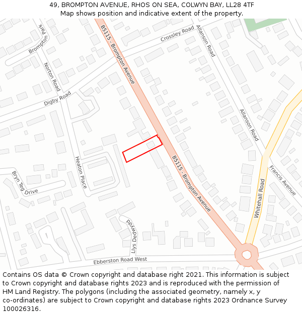 49, BROMPTON AVENUE, RHOS ON SEA, COLWYN BAY, LL28 4TF: Location map and indicative extent of plot