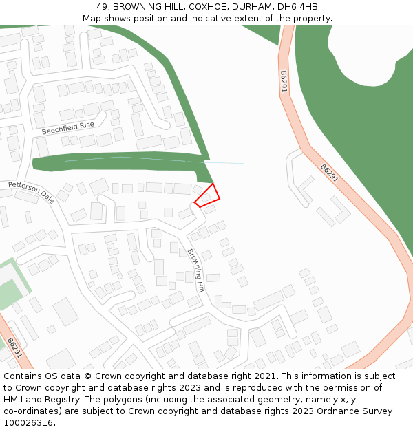 49, BROWNING HILL, COXHOE, DURHAM, DH6 4HB: Location map and indicative extent of plot