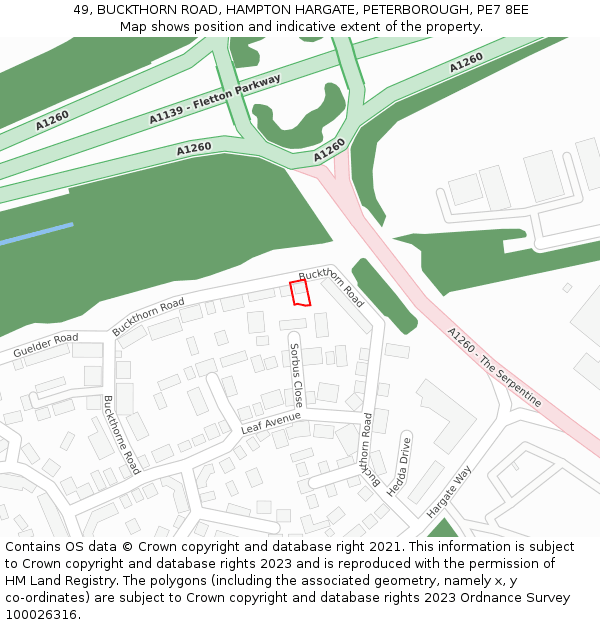 49, BUCKTHORN ROAD, HAMPTON HARGATE, PETERBOROUGH, PE7 8EE: Location map and indicative extent of plot