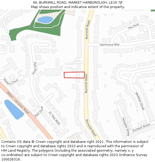 49, BURNMILL ROAD, MARKET HARBOROUGH, LE16 7JF: Location map and indicative extent of plot