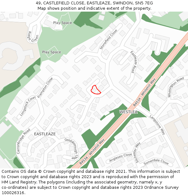 49, CASTLEFIELD CLOSE, EASTLEAZE, SWINDON, SN5 7EG: Location map and indicative extent of plot