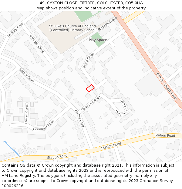 49, CAXTON CLOSE, TIPTREE, COLCHESTER, CO5 0HA: Location map and indicative extent of plot