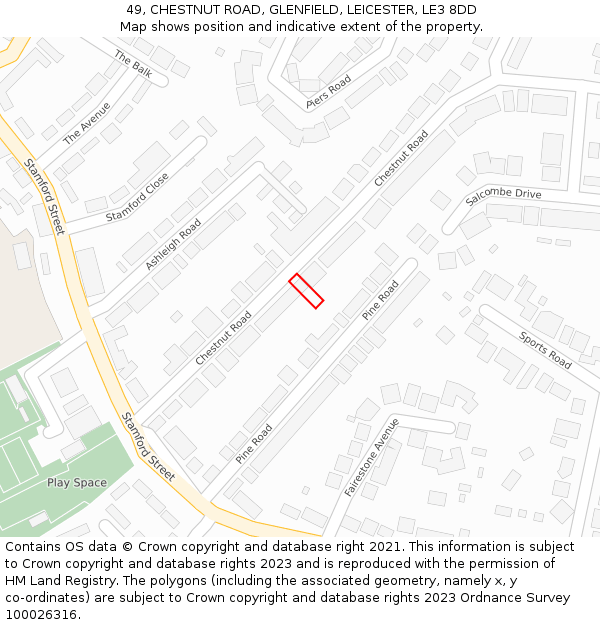 49, CHESTNUT ROAD, GLENFIELD, LEICESTER, LE3 8DD: Location map and indicative extent of plot