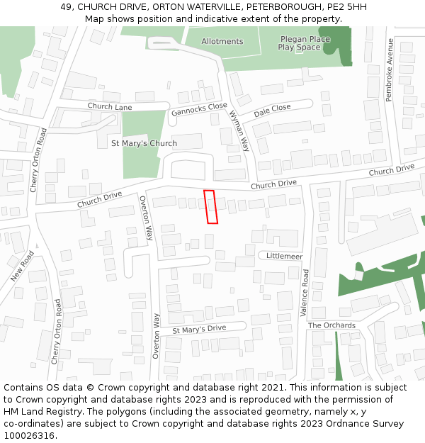 49, CHURCH DRIVE, ORTON WATERVILLE, PETERBOROUGH, PE2 5HH: Location map and indicative extent of plot